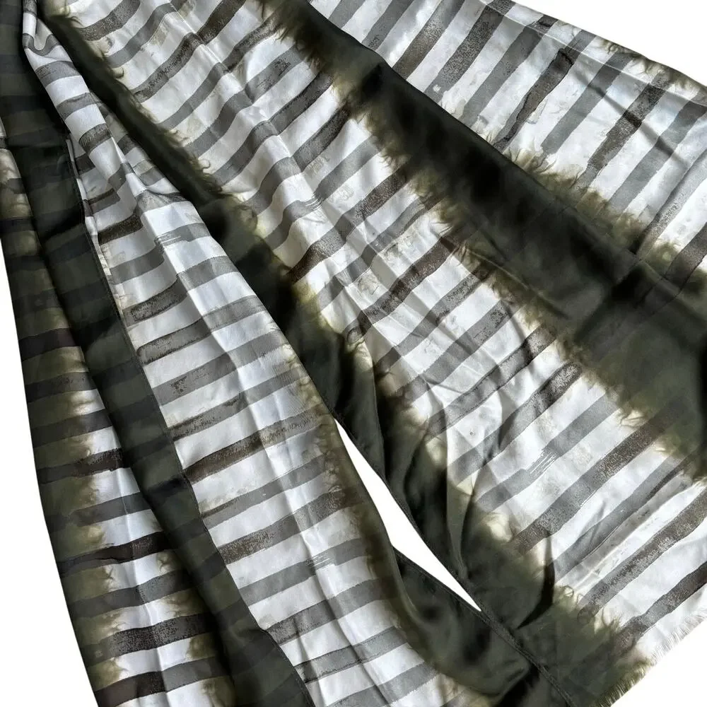 Chico’s silk scarf wrap shawl khaki green & white mod abstract stripes fringe